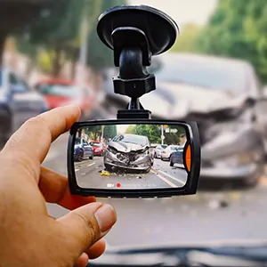 Hand holding a dash cam showing a car crash for Florida accident claim evidence and litigation.