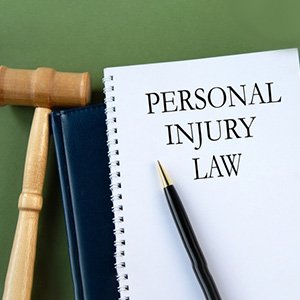 Gavel, pen, and notebook marked Personal Injury Law for a Florida case.