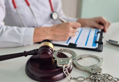 Legal professional reviewing medical malpractice evidence, gavel and handcuffs nearby