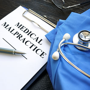 Medical malpractice document with a stethoscope and doctor's clothing on a desk - Russo Law